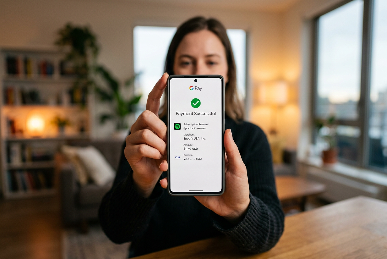Στιγμιότυπο επιτυχημένης συναλλαγής με Google Pay σε κινητό τηλέφωνο.